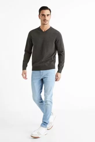 סריג צווארון V - אפור כהה
