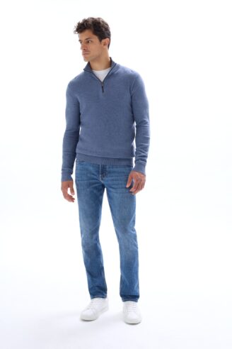 סוודר צווארון גבוה עם רוכסן קדמי חצי אורך, 100% כותנה - כחול