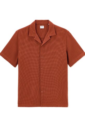 חולצה מכופתרת שרוול קצר עם טקסטורה טבעית עדינה - אדום-חום