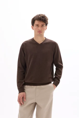 סריג צווארון V אדום יין - חום כהה