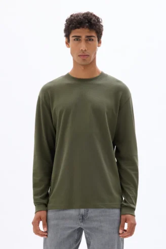 ־שירט ארוכה בגזרה רילקס מבד כותנה משולב – חאקי