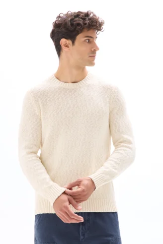 סוודר סריג עם צווארון עגול - בז'