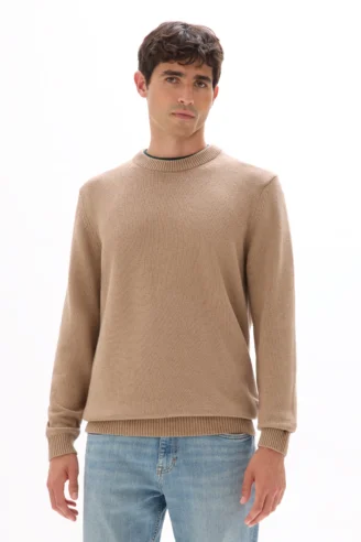 סריג שילוב כותנה צווארון עגול - בז'