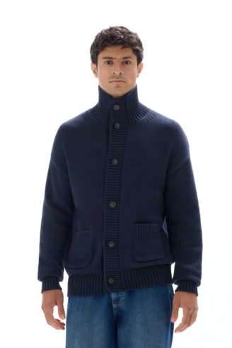 קרדיגן צווארון גבוה כותנה משולבת - כחול כהה