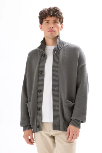 קרדיגן צווארון גבוה כותנה משולבת - אפור