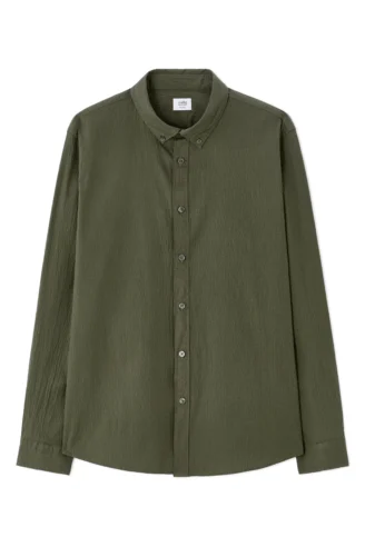 חולצה מכופתרת טקסטורה גזרה רגילה - ירוק חאקי חולצה מכופתרת טקסטורה גזרה רגילה - ירוק חאקי