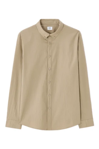 חולצה מכופתרת טקסטורה גזרה רגילה - בז' חולצה מכופתרת טקסטורה גזרה רגילה - בז'