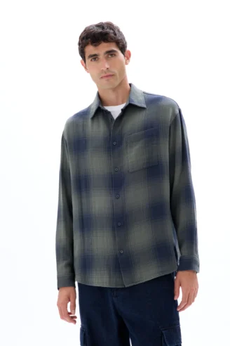 חולצת פלאנל משבצות גזרה משוחררת - נייבי