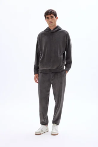 סווטשירט אוברסייז קטיפה עם קפוצ'ון - אפור כהה