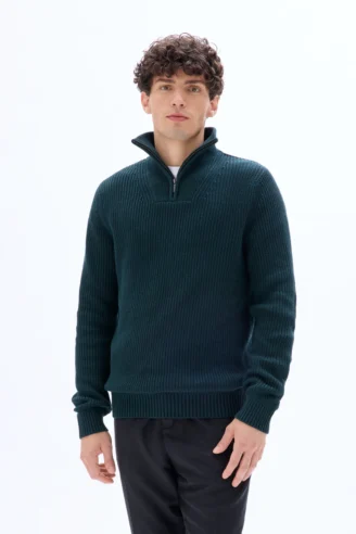 סוודר סריג עם צווארון רוכסן - ירוק כהה