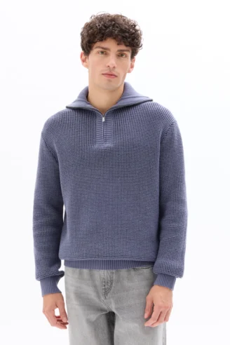 סריג וופל בגזרה משוחררת עם צווארון רוכסן - כחול