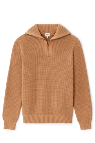 סריג וופל בגזרה משוחררת עם צווארון רוכסן - קאמל