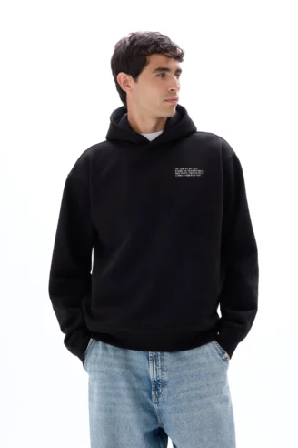 סווטשירט אוברסייז עם קפוצ’ון הדפס אסיאתי - שחור