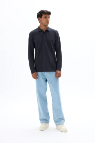 חולצת פולו פיקה כותנה שרוול ארוך - כחול כהה