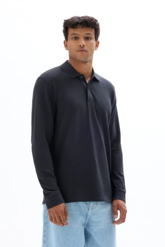 חולצת פולו פיקה כותנה שרוול ארוך - כחול כהה חולצת פולו פיקה כותנה שרוול ארוך - כחול כהה