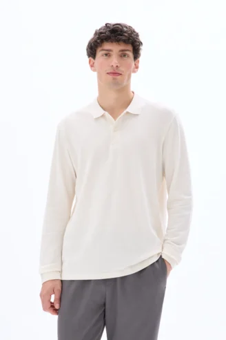 חולצת פולו פיקה כותנה שרוול ארוך - שמנת