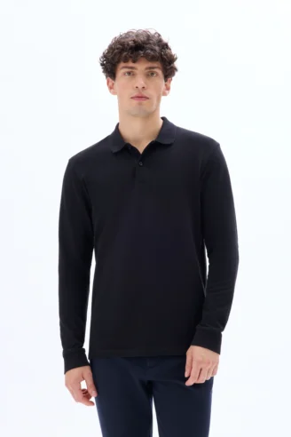 חולצת פולו פיקה כותנה שרוול ארוך - שחור