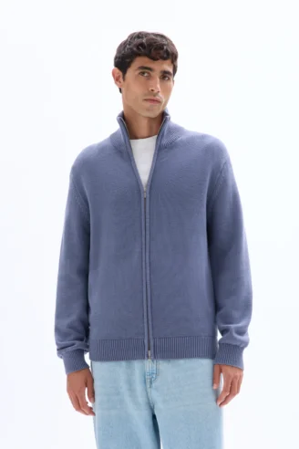 קרדיגן עם רוכסן וצווארון טרוקר, 100% כותנה – אפור כחלחל