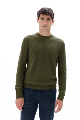 סוודר עם צווארון עגול 100% כותנה פיקה - חאקי