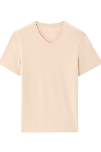 חולצת טי בגזרה צמודה צווארון וי, כותנה סטרצ' – אפור ירוק