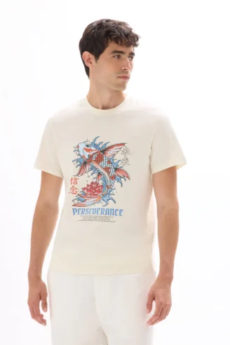 חולצת טי שירט בגזרה רגילה, צווארון עגול, 100% כותנה, הדפס אסיה