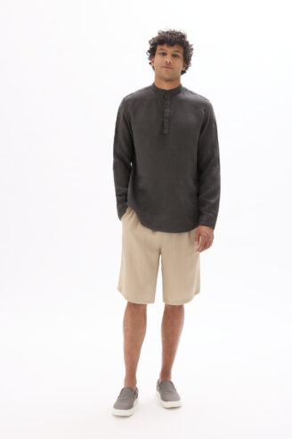 חולצת וורוז עם צווארון מאו, 100% פשתן – אפור כהה.