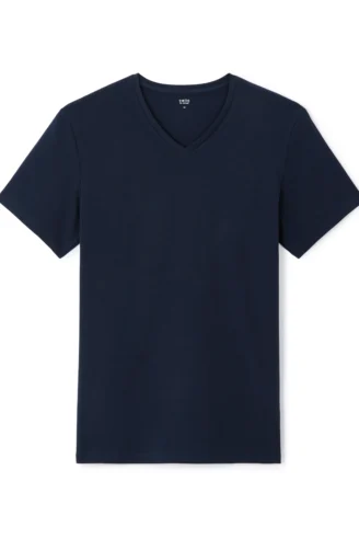 חולצת טי בגזרה צמודה צווארון וי, כותנה סטרצ' – כחול כהה