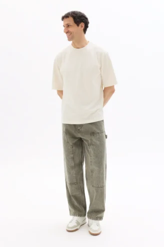 חולצת טי בייסיק צווארון עגול אוברסייז - בז'