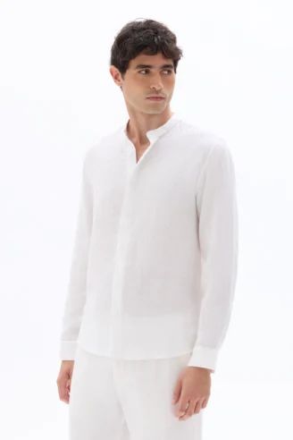 חולצת מכופתרת, שרוול ארוך, גזרה רגילה, צווארון מנדרינה, בד פשתן - לבן